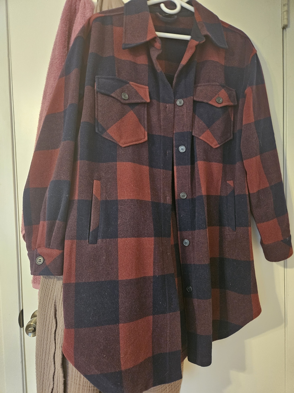 Womens Red & Navy Plaid Button Front Shacket
